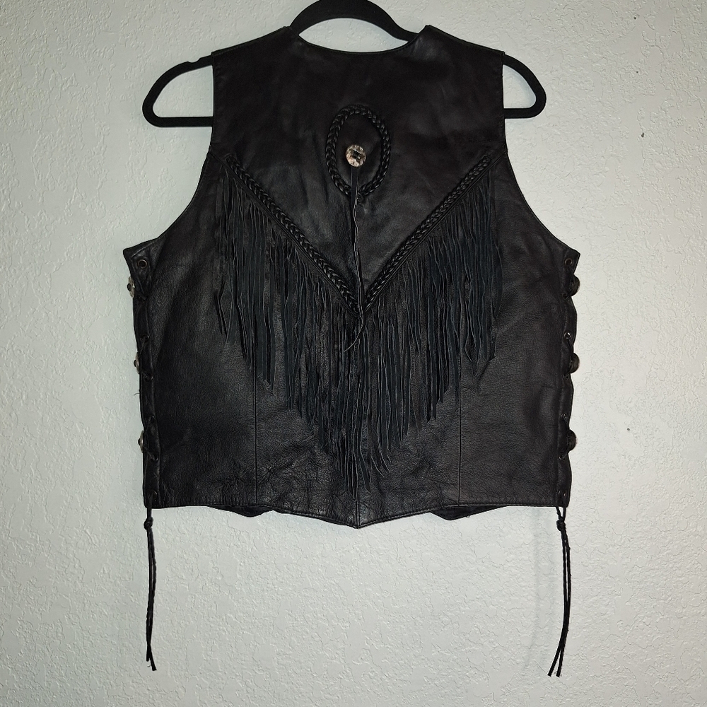 Diamond Plate Genuine Leather Women's Size Medium Motorcycle Vest Fringe,Pockets - Picture 2 of 12